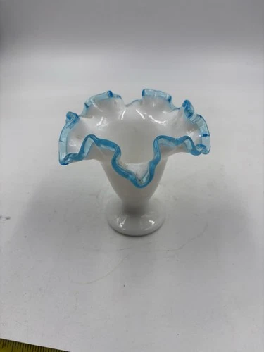 Fenton Aqua Crest Mini Vase Crimped Edge Vintage MCM
