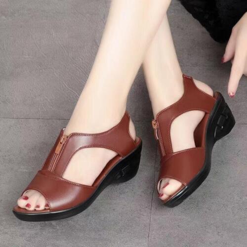 Damen-Plateau-Sandalen mit Keilabsatz atmungsaktiv Peep Toe Reißverschluss vorne Sommer Freizeitschuhe - Bild 8 von 11