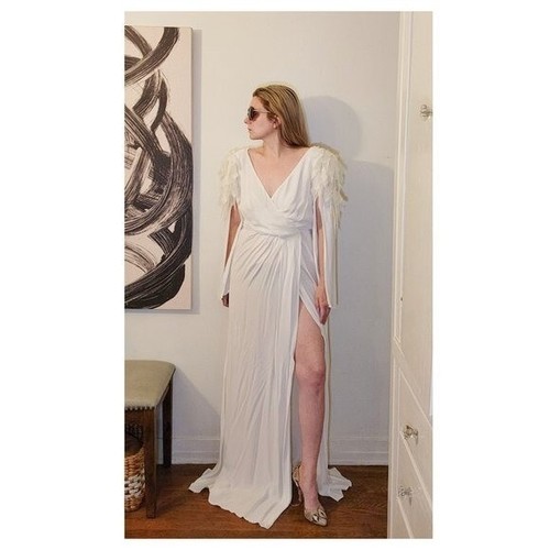 NWT Elisabetta Franchi Women Feather Shoulder V Neck Long Sleeve Gown White 4 - Picture 3 of 14