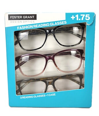 Foster Grant +1.75 Fashion Reading Glasses 3-Pack UVA-UVB Lens Protection