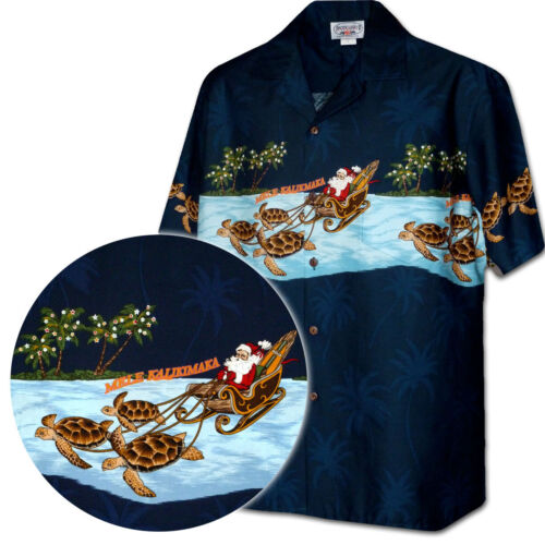 Santa Turtle Sleigh Men's Hawaiian Shirt - Picture 2 of 4