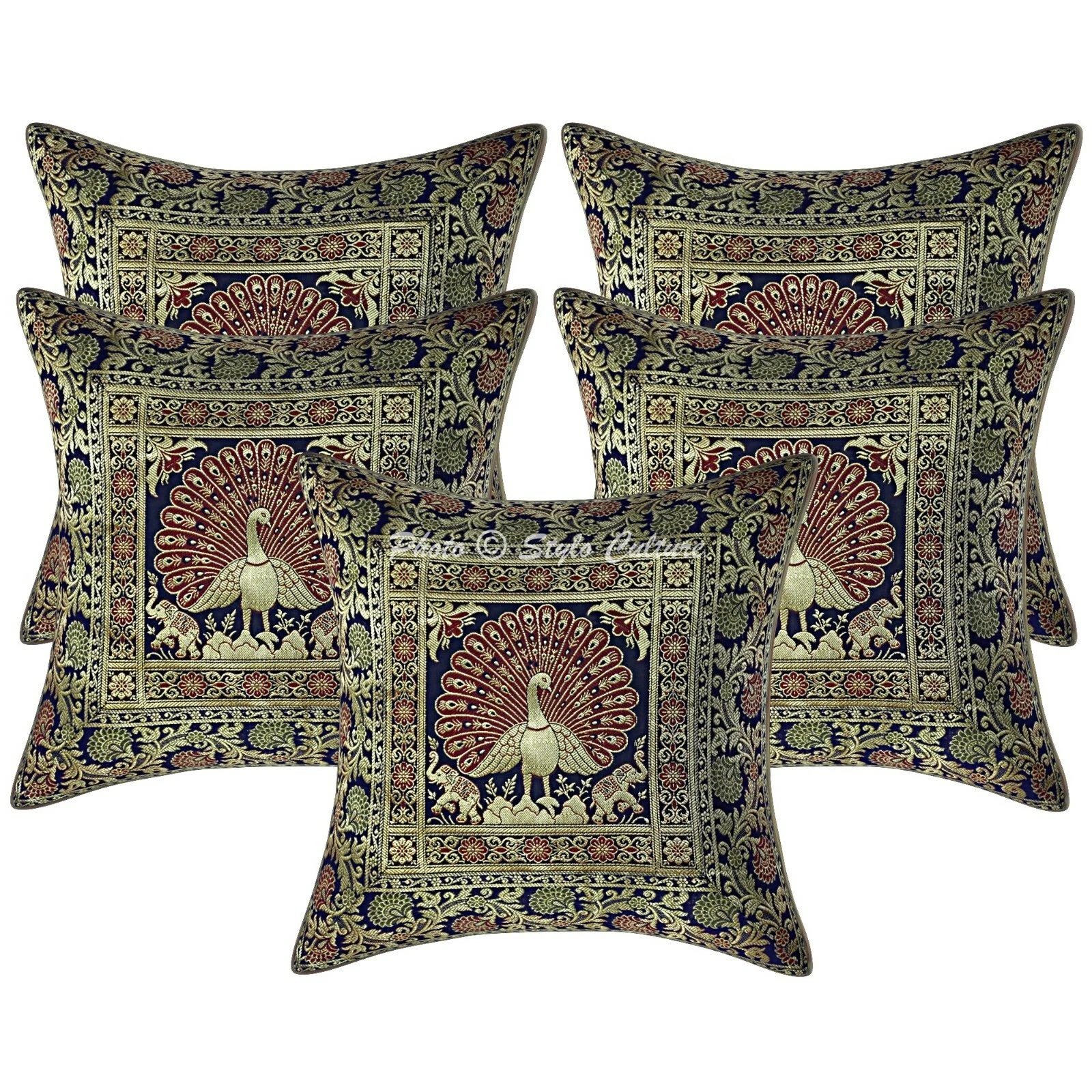 Boho Cushion Covers Navy Blue 40 x 40 cm Jacquard Brocade Peacock Throw Pillows