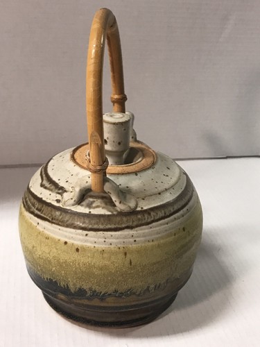 VTG pottery teapot bamboo handle schieferstein green beige drip glaze retro 4610 - Picture 4 of 8