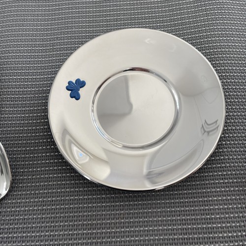 Inoxpran 18/10 Pyrex 2 Demitasse 3Piece Sets Cups Saucers Spoons Blue Bows Italy - Picture 8 of 13