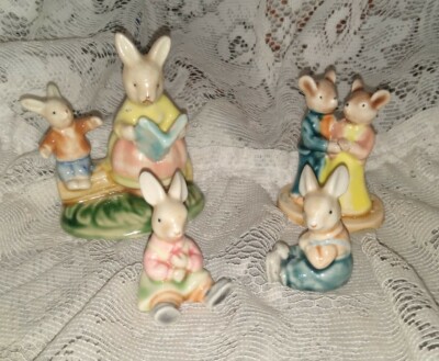 4 Vintage ENESCO Easter Miniature Bunny Rabbits Ceramic Figures~Mom Reading Book