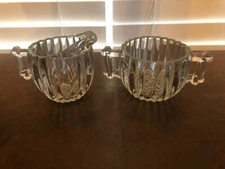 VTG Jeanette Ribbed National Depression Glass Cream & Sugar with Hobnail Bottom