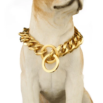 10/12/15/17/19mm Gold Curb Cuban Link Dog Chain Collar Stainless Steel 12"-32"