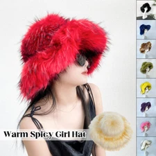 Winter Women Faux Fur Bucket Hat Warm Fluffy Wide Brim Oversized Plush Baggy NEW