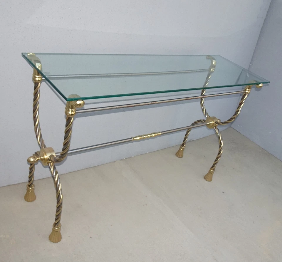 Винтажный латунный хромированный диван с кисточками из витой веревки прикроватный столик - Hollywood Regency - Изображение 3 из 4