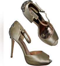 BADGLEY MISCHKA SZ 9 M CHAMPAGNE SATIN RHINESTONE PLATFORM 5" STILETTO PUMPS