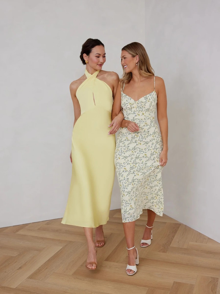 yellow print bridesmaid dresses Yellow Floral Pleated Maxi Dress