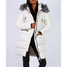 Donna Inverno Cappotto Trapuntato con Cappuccio & Pelliccia Bianco Crema #J1010