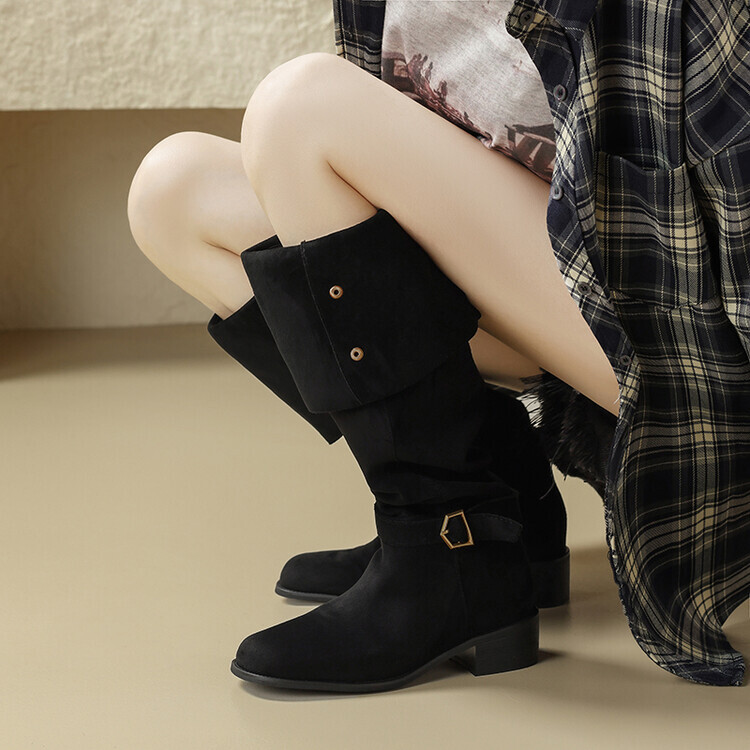 Women's Chic Faux Suede Buckle Strap Mid Heel Cuffed Over
