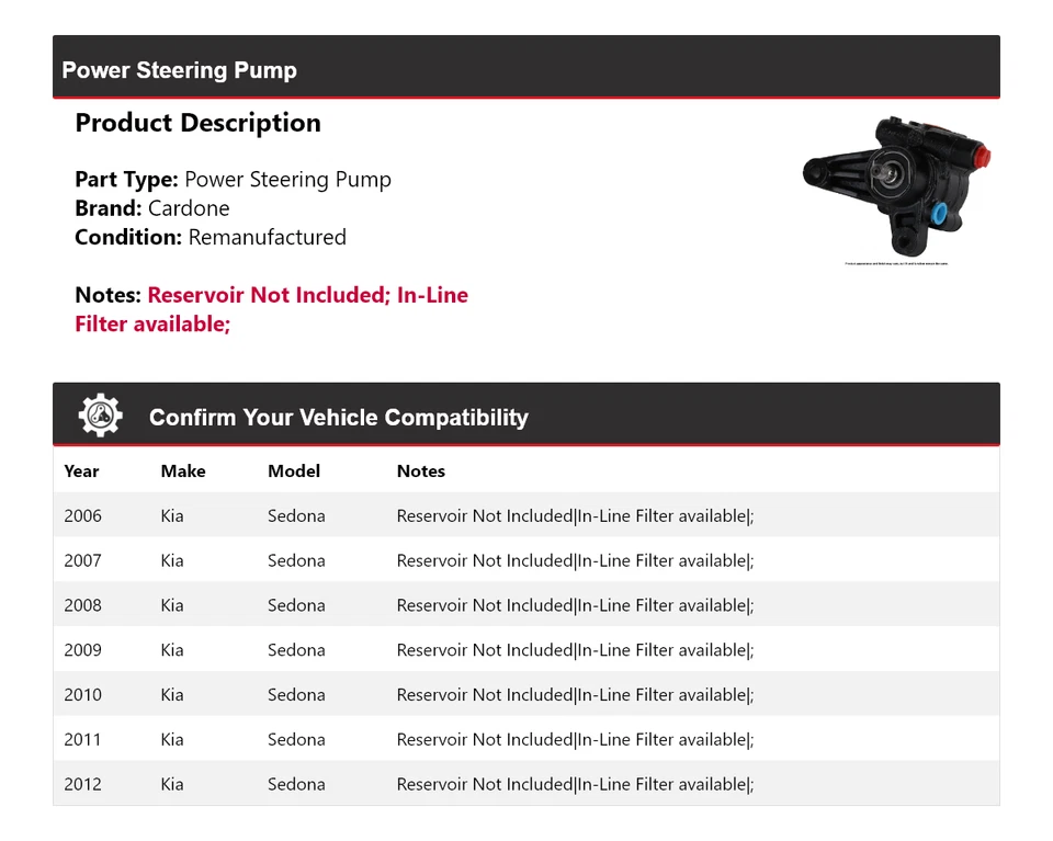 Bomba de dirección asistida Cardone para Kia Sedona 2006-2012 2007 2008 2009 2010 2011 Foto 2 de 4