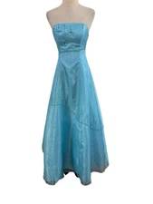 Vtg Y2K Morgan & Co Aqua Blue Strapless Beaded Prom Dress Lace Up Back Ice Fairy