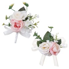 2Pcs Wrist Corsage and Boutonniere Set Artificial Flowers White Pink Set