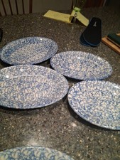 Vintage Roseville Schwammgeschirr von Gerald E Henn 4 x blau ovale Platte 6,5" x 9,5"