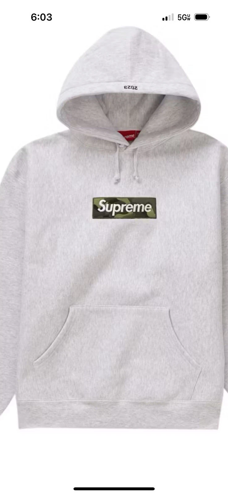 Sweat à capuche Supreme Camo gris cendré logo boîte   Sweat à capuche taille XXL FW23