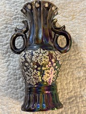 Vintage Luster Pottery Vase Two Handle Iridescent Metallic Drip Glaze Snowflake