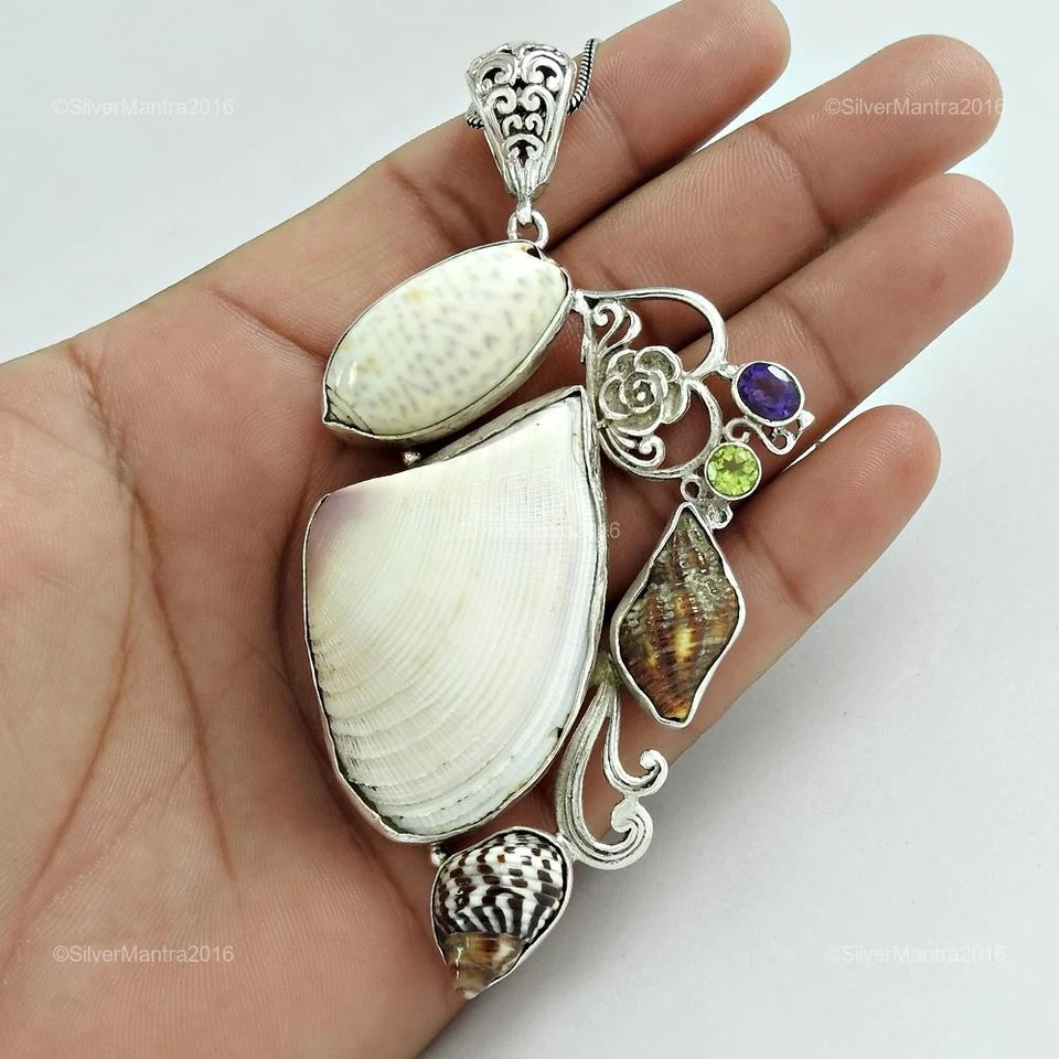 Cabochon Muschel Weihnachtsgeschenk Lünette Anhänger Schmuck Echt 925 Silber - Bild 3 von 4