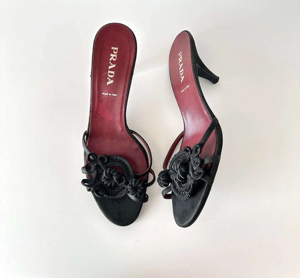 Sandalias de tacón Prada de cuero negro para gatito talla EUR 38 US 8 Foto 2 de 4