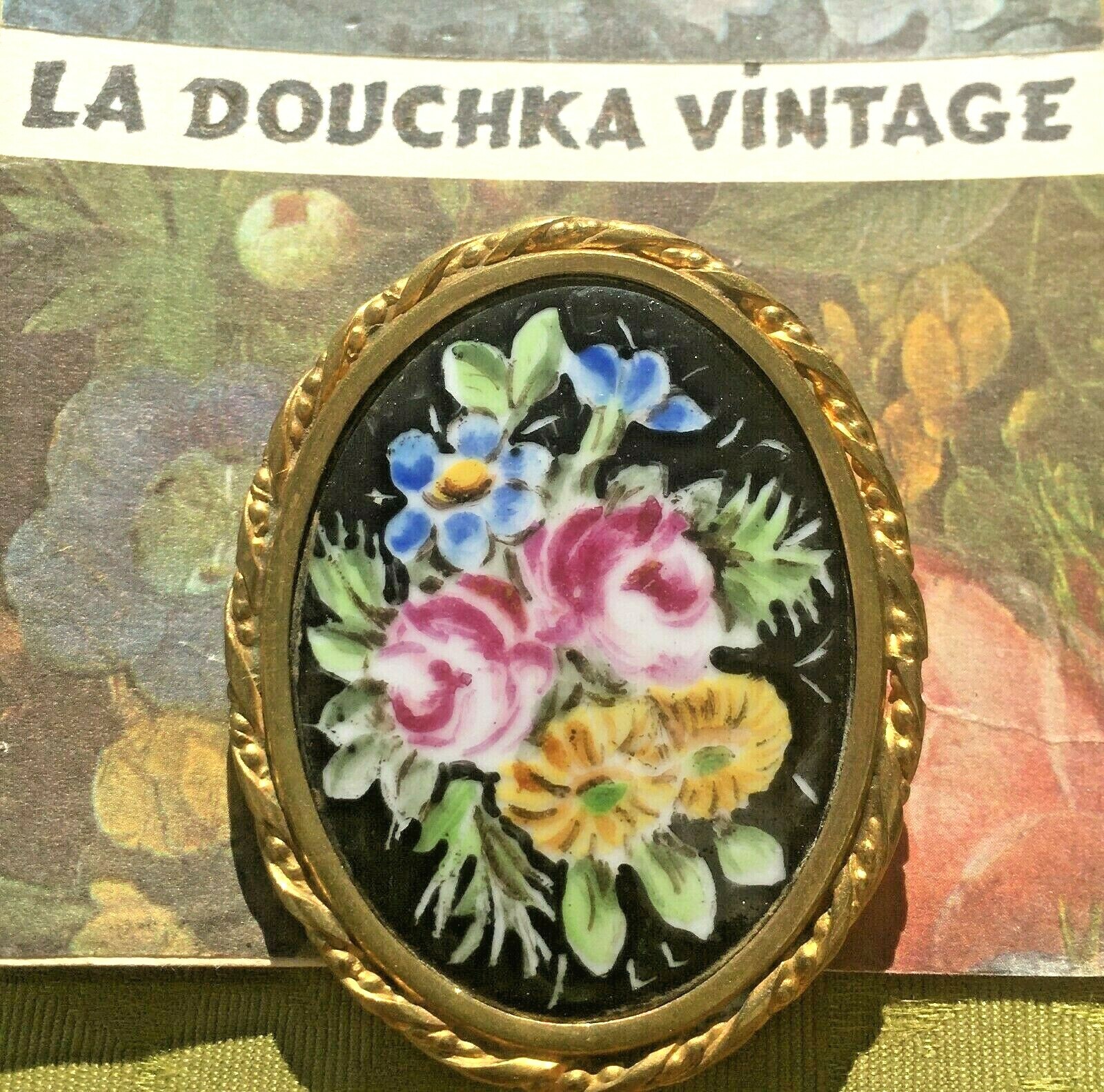 Antique French Victorian 1800s Large Limoges Porcelain Brooch with Hand-Painted Floral Design