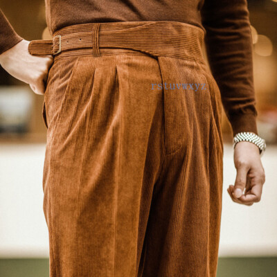 Men Vintage Corduroy Gurkha Trousers High Waist Straight Pleated Naples ...