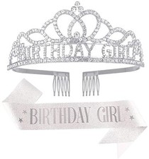 Birthday Tiara and Crown with Sash for Women, Hair Accessories for Wedding Pa...