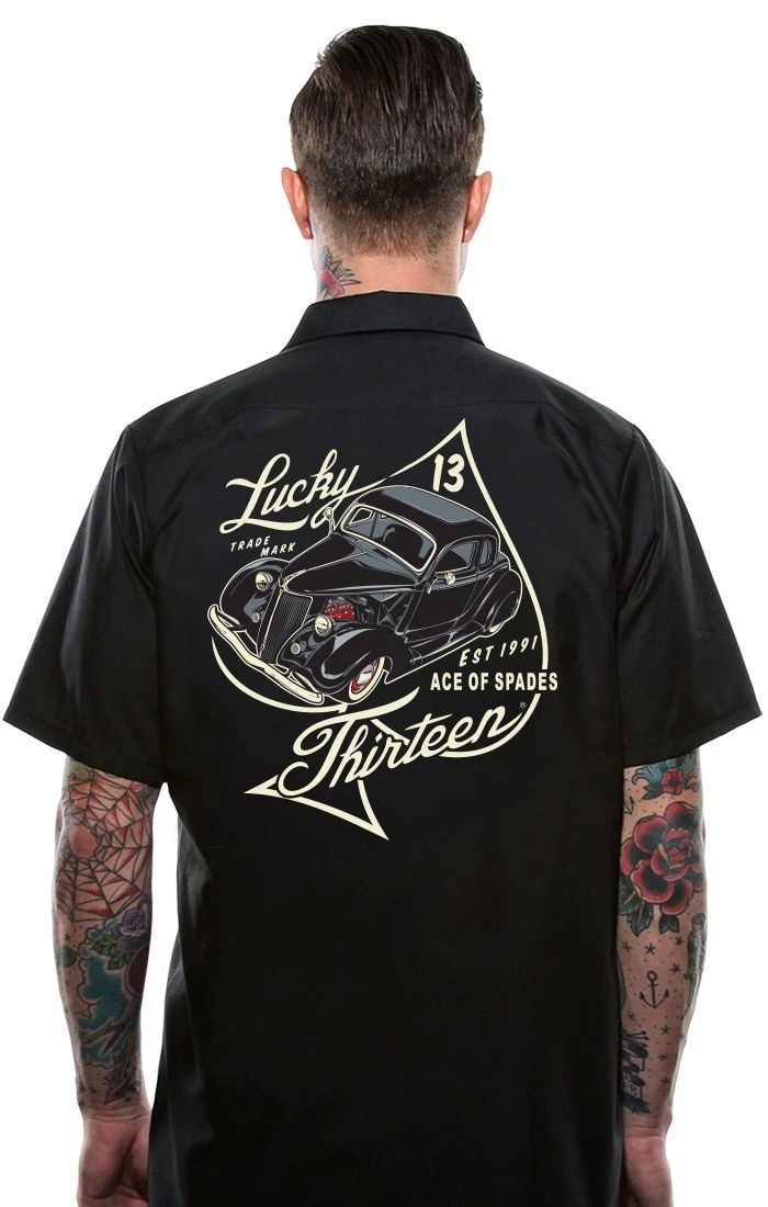 Chemise Homme Lucky 13 Motif Hot Rod - Taille M, Manches Courtes, Noir - Neuf Sans étiquette