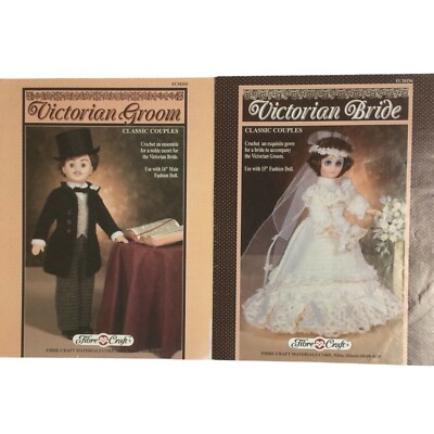 Fibre Craft Doll's Crotchet Outfit Pattern Lot Victorian Bride And Groom 