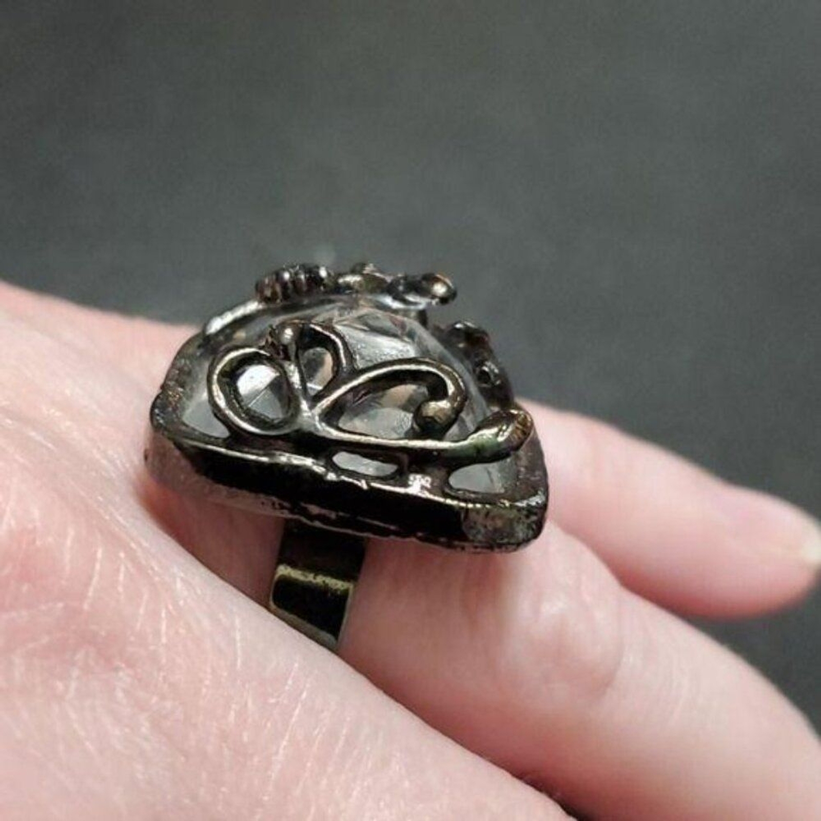 Dark silver tone rhinestone adjustable ring - image 2