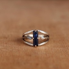 Blue Sapphire Ring 925 Sterling Silver Ring Rectangle Bar Gemstone Leaf Band Her