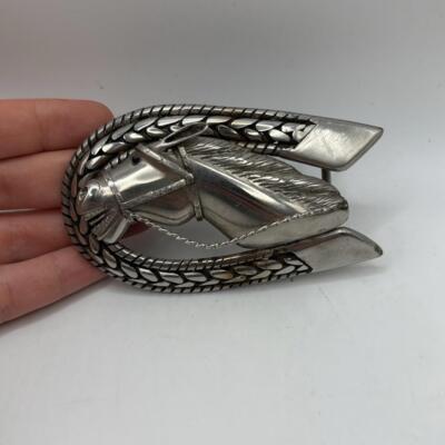 Vintage Silver Tone Belt Buckle Horse Head Horseshoe Western  display picture 2