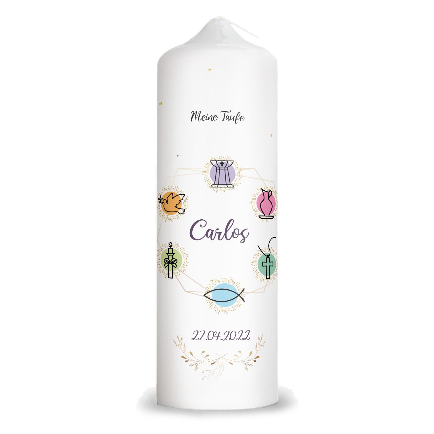 Taufkerze "Christliche Symbole" mit Name, Datum & Wunschtext