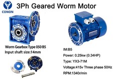 Three Phase 0.25kW 0.34HP 1400rpm  Electric Motor & Worm Gearbox Type 050