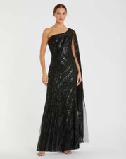 Mac Duggal 20528 Black One Shoulder Cape Sleeve Embellished Gown Sz 12 NEW