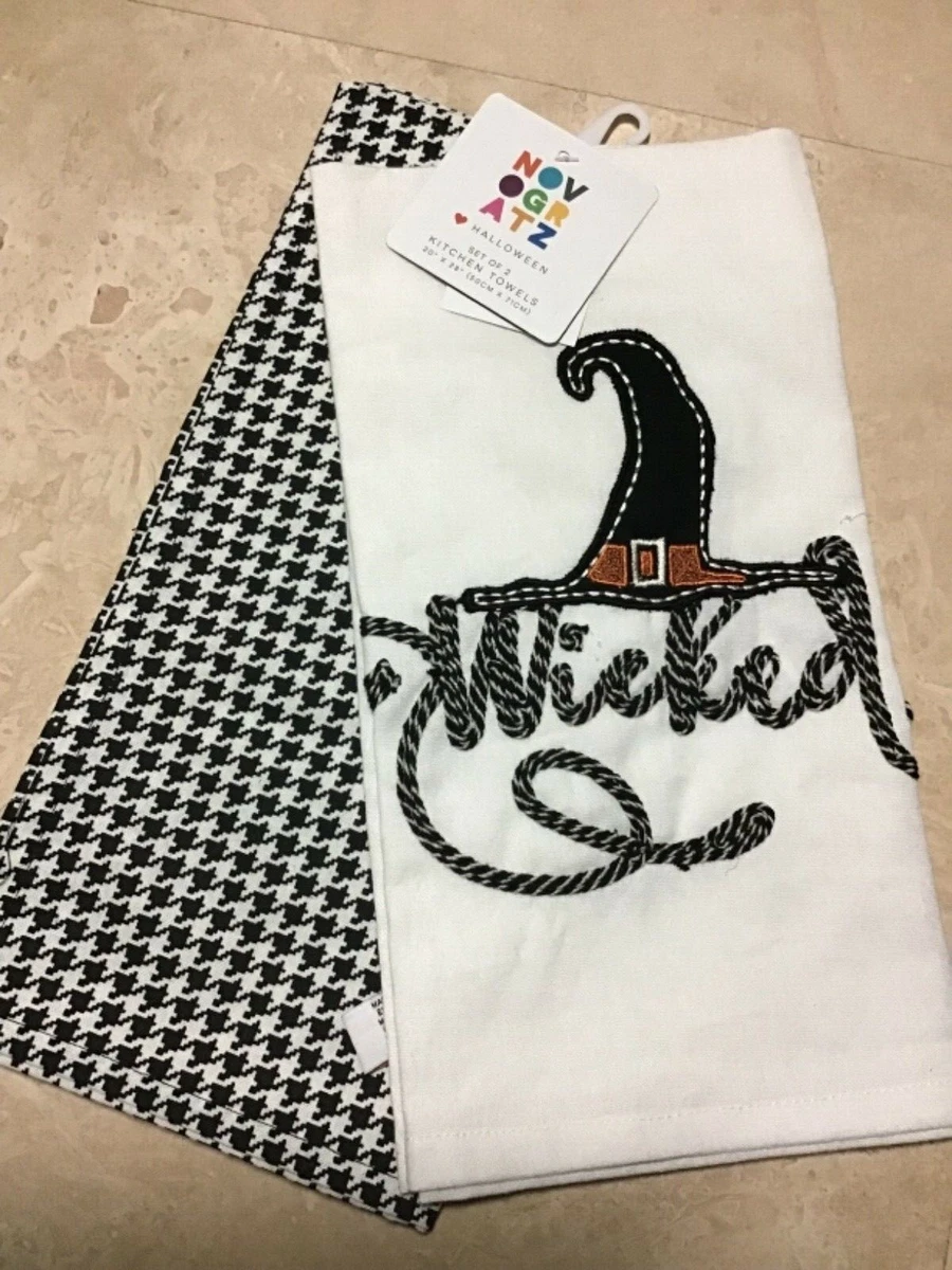NOVOGRATZ HALLOWEEN KITCHEN TOWELS 2 WHITE BLACK WICKED 20 X 29 NIP