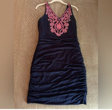 Solid Blue w/Lilly Pink Embroidery Ruched Sides Bodycon Stretchy Dress ~Large