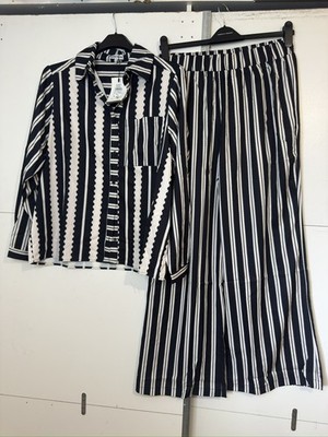 Another Sunday Woman Satin 2 Piece Black Cream Mono Stripe Print Outfit UK 14