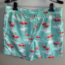Caribbean Swimwear Men  s Medium Flamingo Print Drawstring Swim Shorts Blue Pink