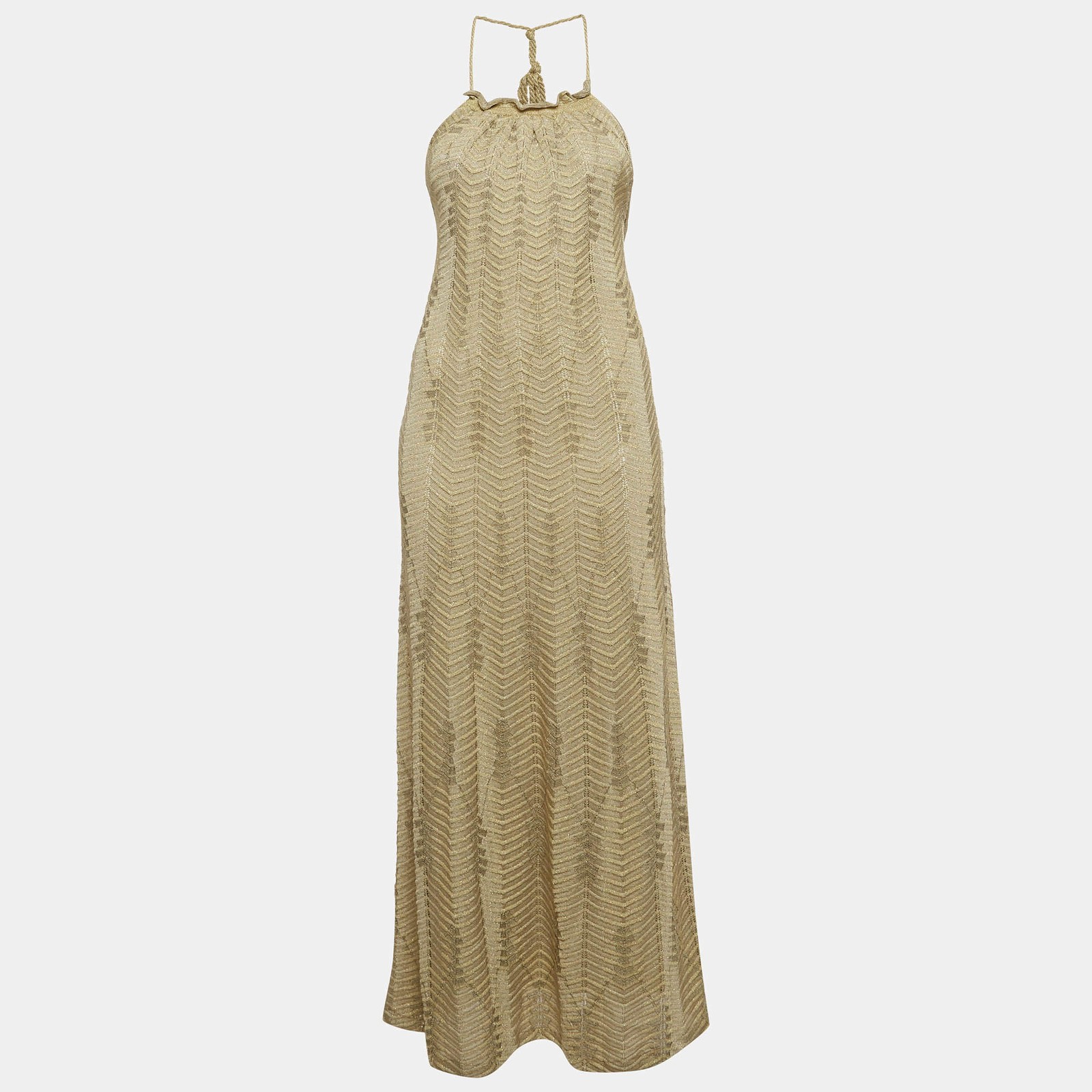 M Missoni Gold Zig Zag Pattern Lurex Knit Halter Maxi Dress S