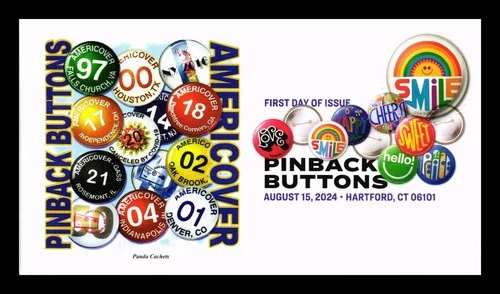 US COVER PICTORIAL CANCEL FIRST DAY OF ISSUE PANDA CACHETS PINBACK SMILE BUTTON