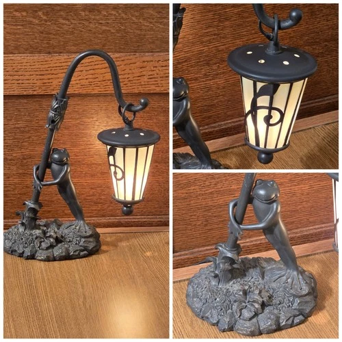 Vtg Tiffany Style Lamp Stained Glass/Metal Frog Lilly Pad Lantern Nightlight