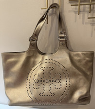 Authentic Tory Burch Perforated Logo Metallic Saffiano Leather Tote Bag