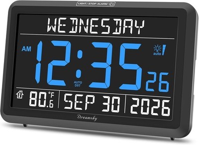 DreamSky Digital Clock with Date and Day of Week - Large Calendar Clock, Black
