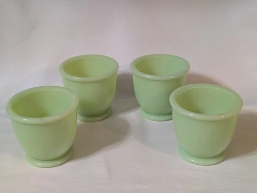 Vintage Jeanette Green Jadeite 4 Custard Or Egg Cups 3 Tall Uranium Glass