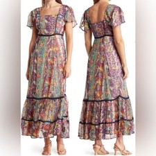 Anthropologie Raga Bari Lace Trim Maxi Dress Size Large