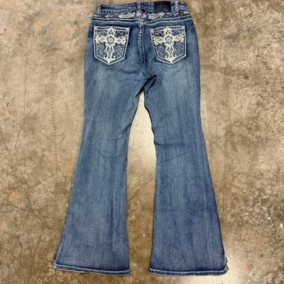 Y2K Evolve Denim Miss Me Style Embellished Dark Wash Distressed Jeans 28x31