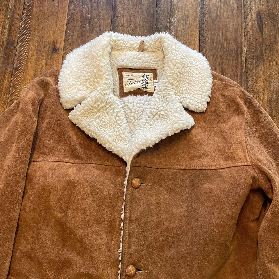 Vintage Sears Fieldmaster Coat Mens 44 Suede Sherpa Lined Brown Western 70s - Image 3 of 4