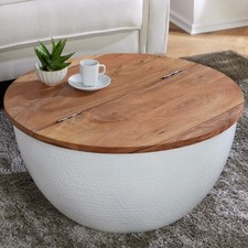Runder Couchtisch ORIENT STORAGE 60cm weiß Akazienholz mit Stauraum Hammerschlag